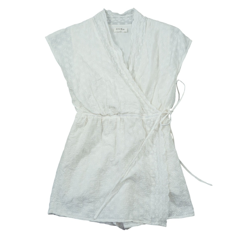 Storia White Cotton Eyelet Wrap Romper Lace Trim Delicate Beach Resort Vacation